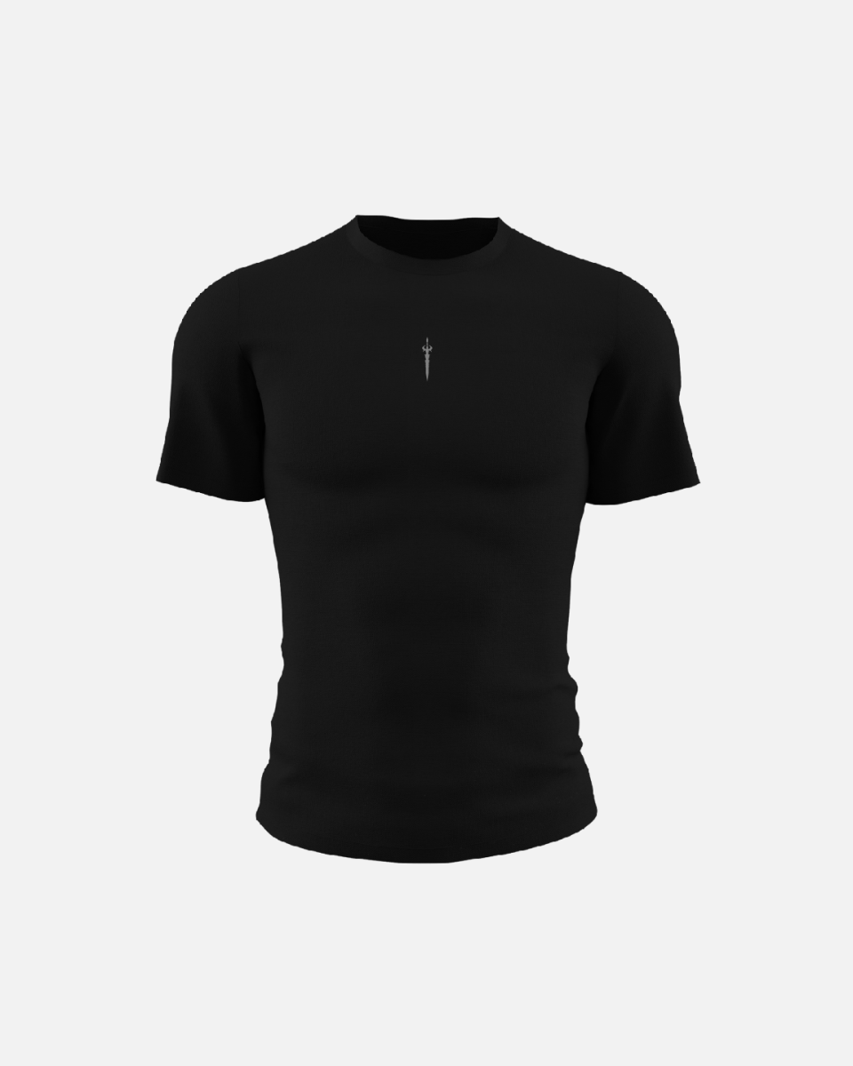 Black t-shirt with a small logo on a white background