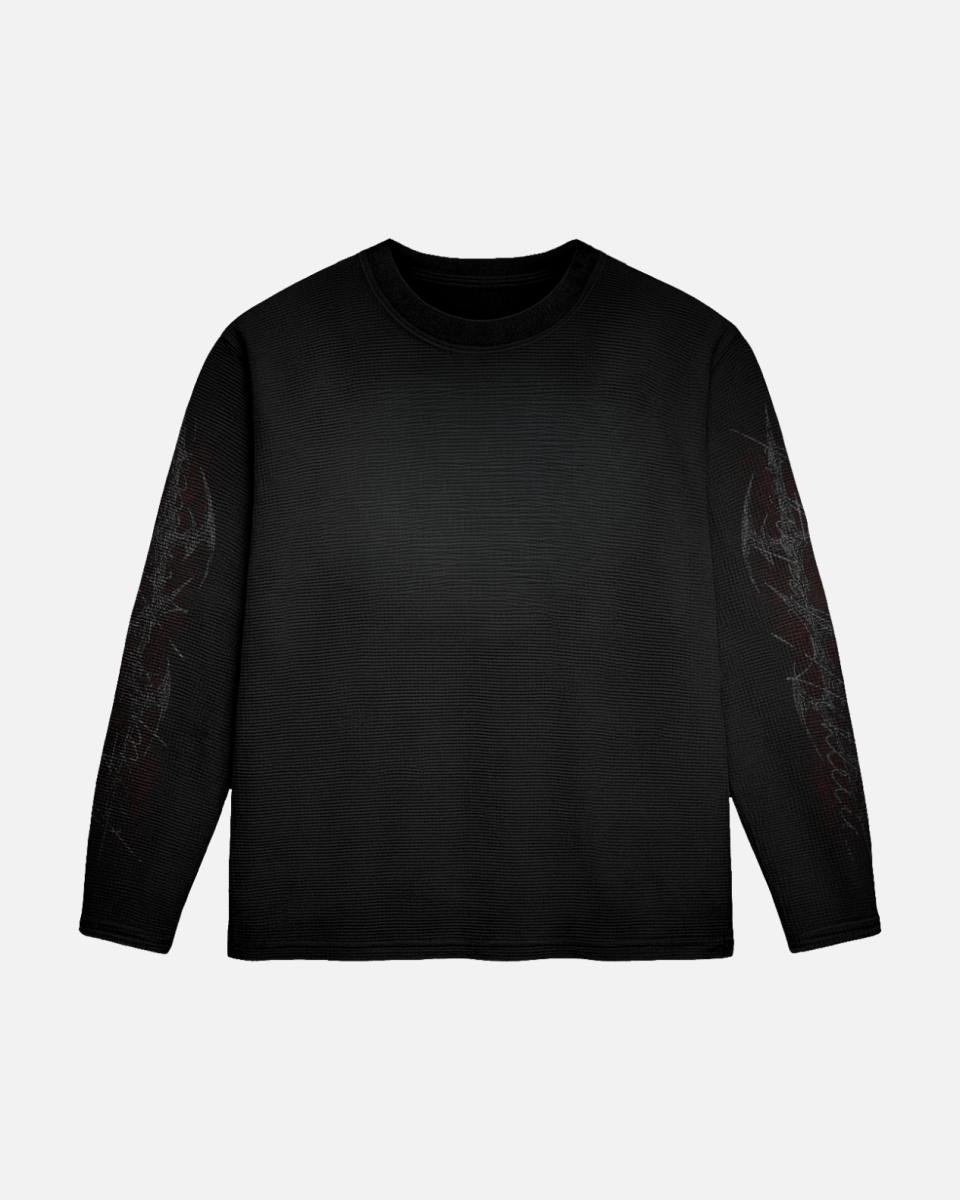 Black long-sleeve shirt with abstract designs on sleeves against a light gray background