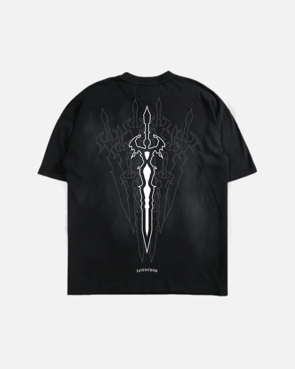 Black crew neck T-shirt with a graphic print in the center
