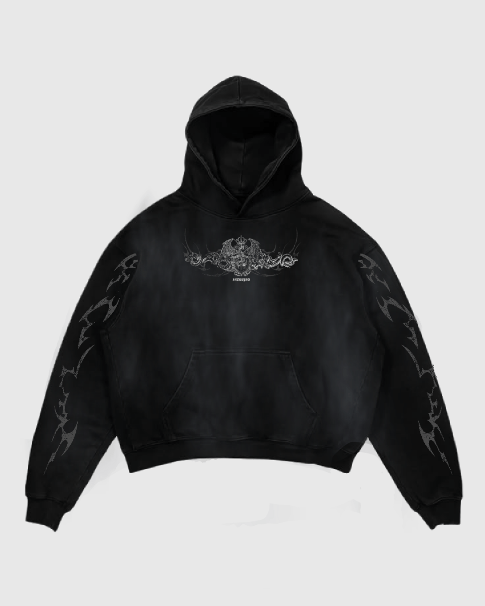 A black vintage hoodie with a graphic print on the front and sleeves, featuring a hood and a kangaroo pocket.