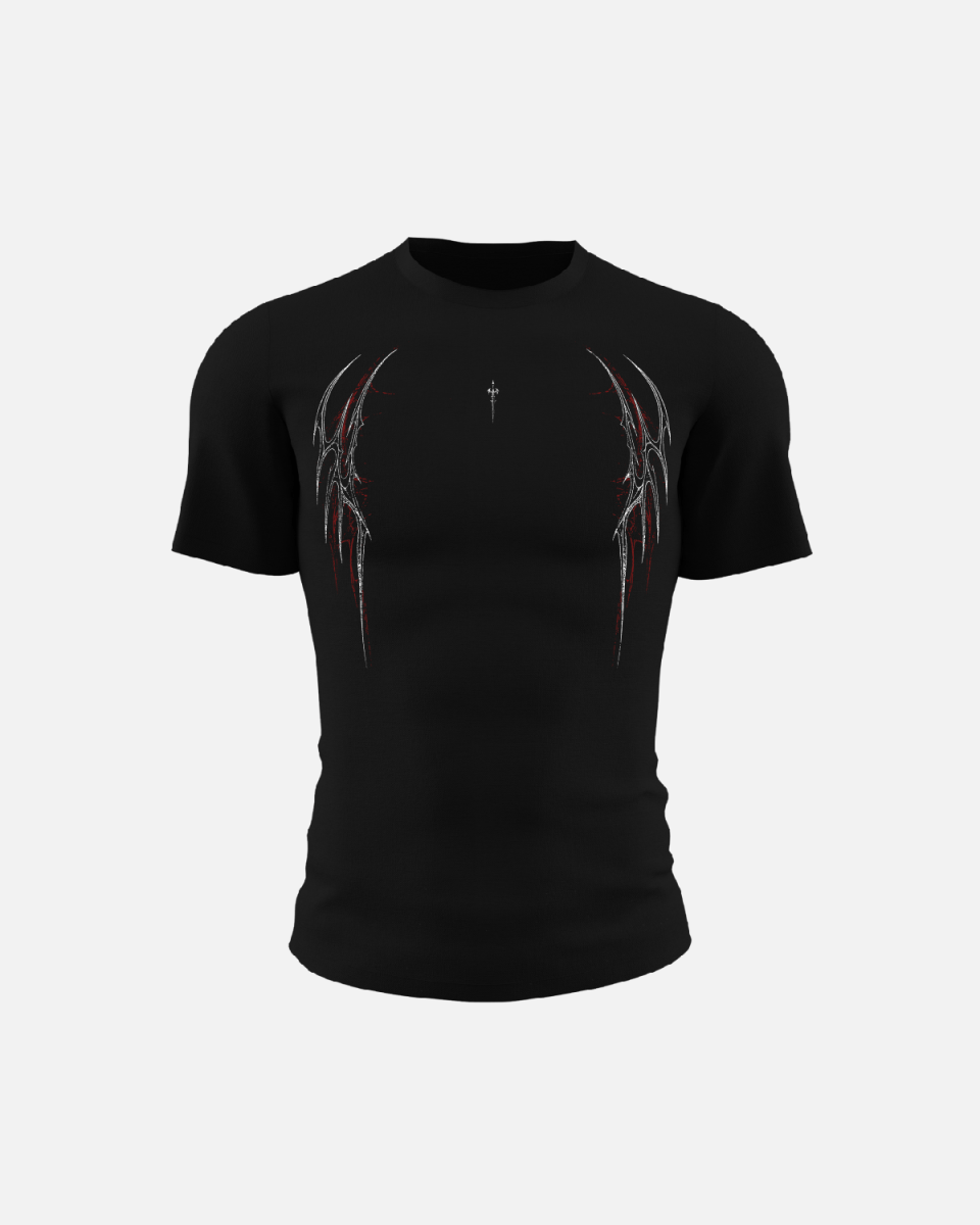 Black t-shirt with a spider web design on a white background