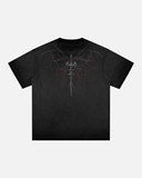Black t-shirt with a unique design on a light gray background