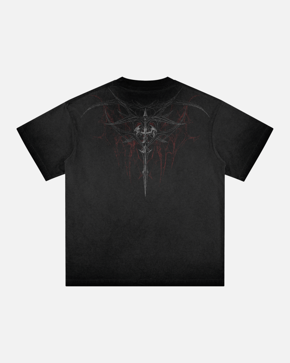 Black t-shirt with a unique design on a light gray background
