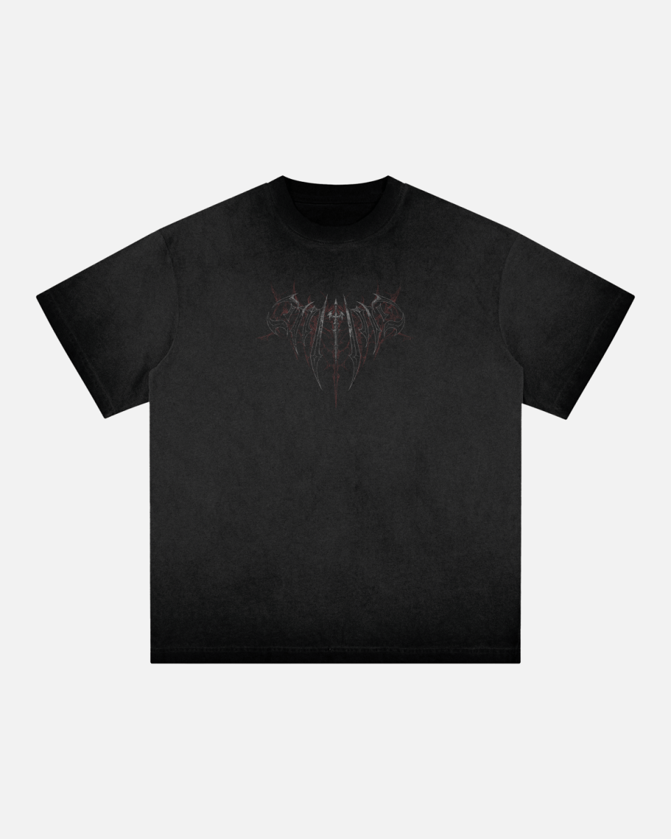 Black t-shirt with a graphic design on a light gray background