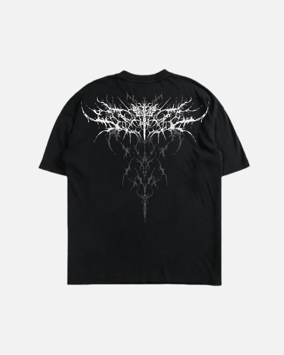 Black oversized t-shirt with a silk screen printed graphic in white.