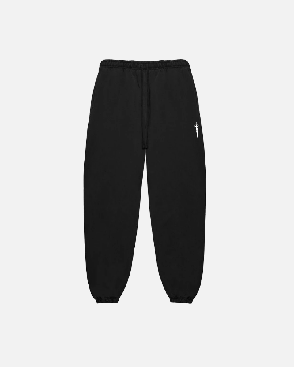 A pair of black essential jogger sweatpants with an adjustable drawcord waist and side pockets.