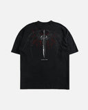 Black t-shirt with a graphic design on a white background