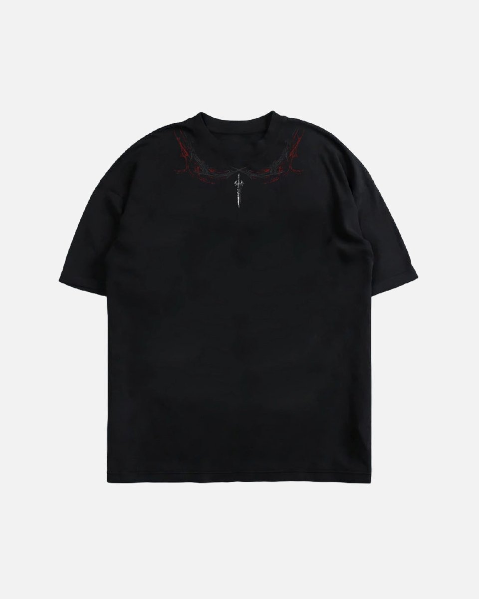Black t-shirt with red accents on a white background