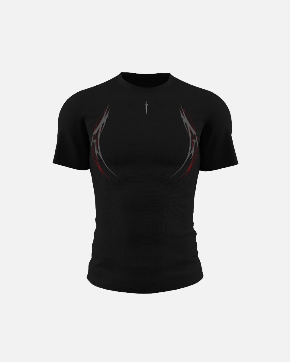 A black short-sleeved compression shirt with a graphic design in the center.