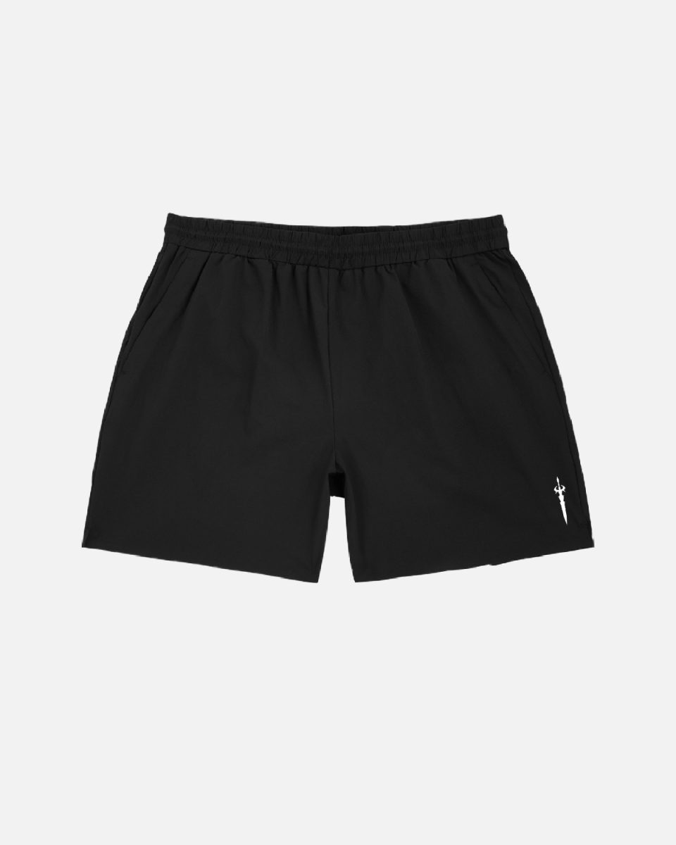 Black shorts with a small white logo on a light gray background