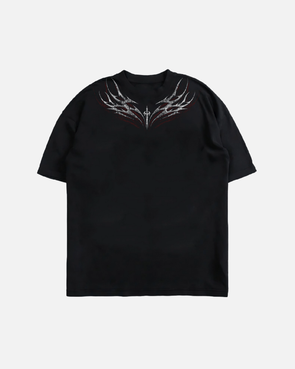 Black t-shirt with a unique design on a light gray background