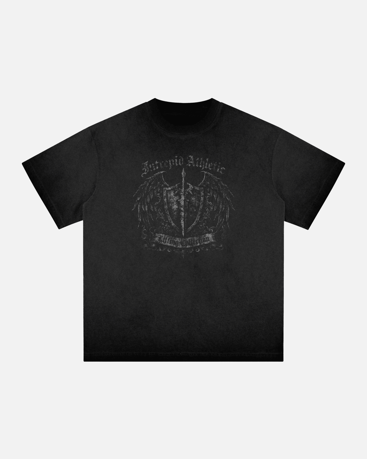 Black t-shirt with graphic design on a light gray background