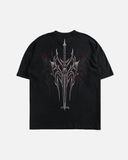 Black t-shirt with a silver and red graphic design on a white background