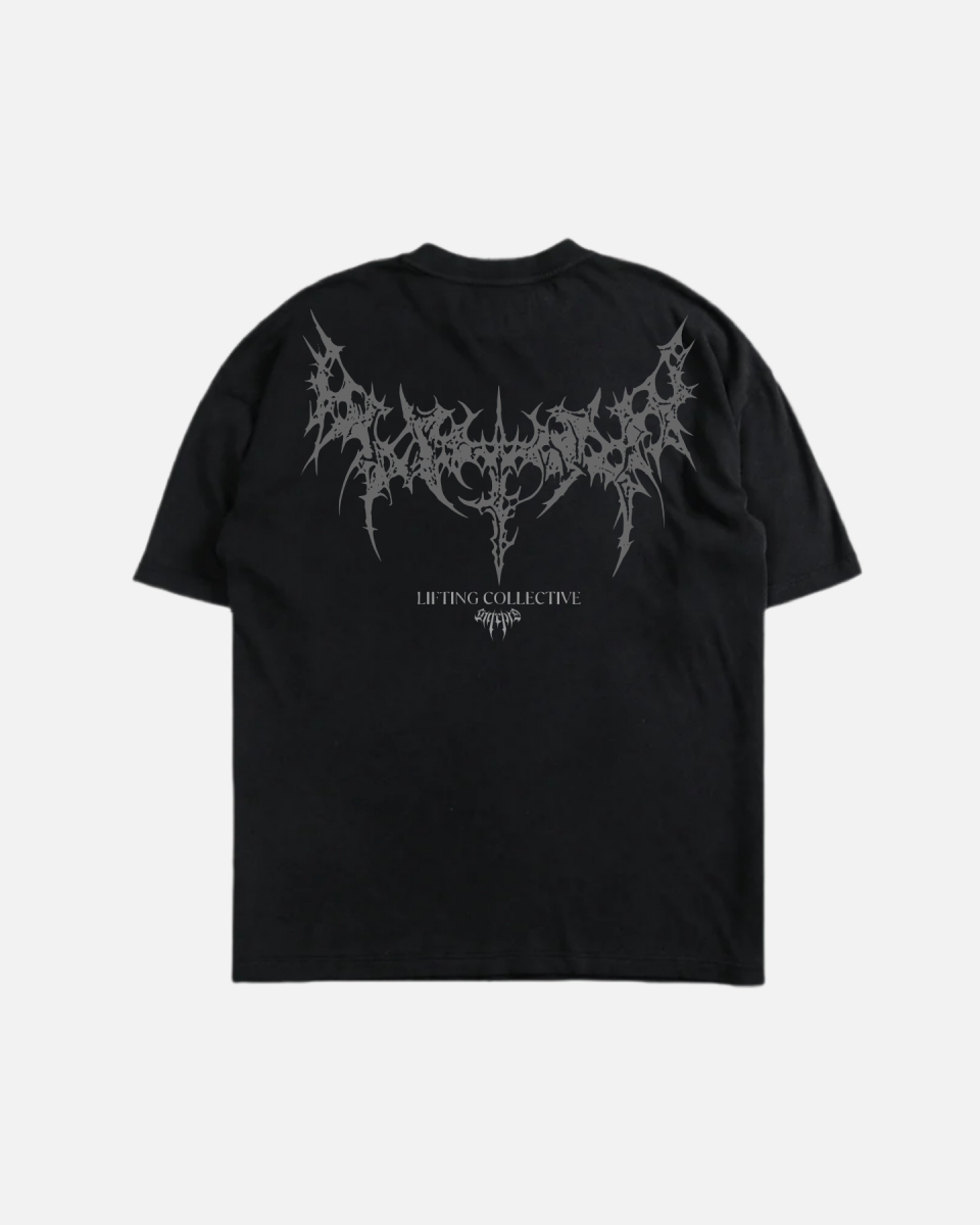 Black T-shirt with a graphic design in the center that includes text and an abstract image, likely a band or music-related merchandise.