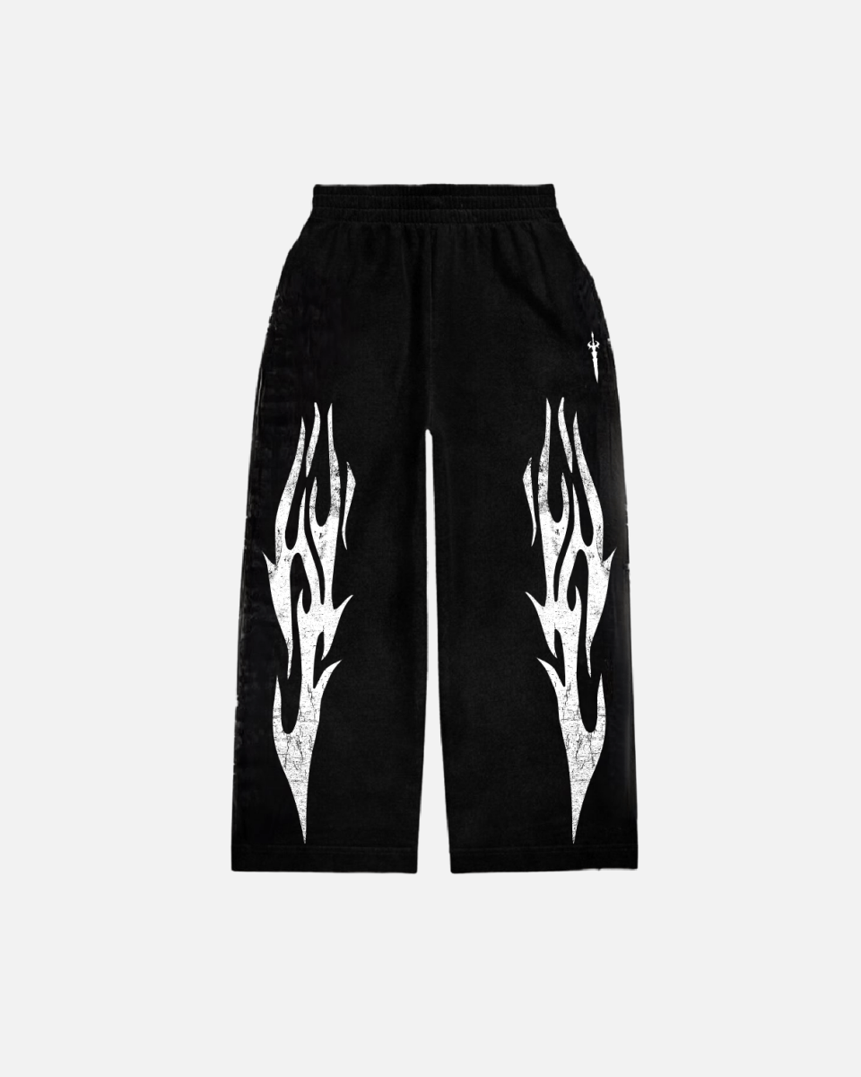 Black pants with white tribal designs on a light gray background