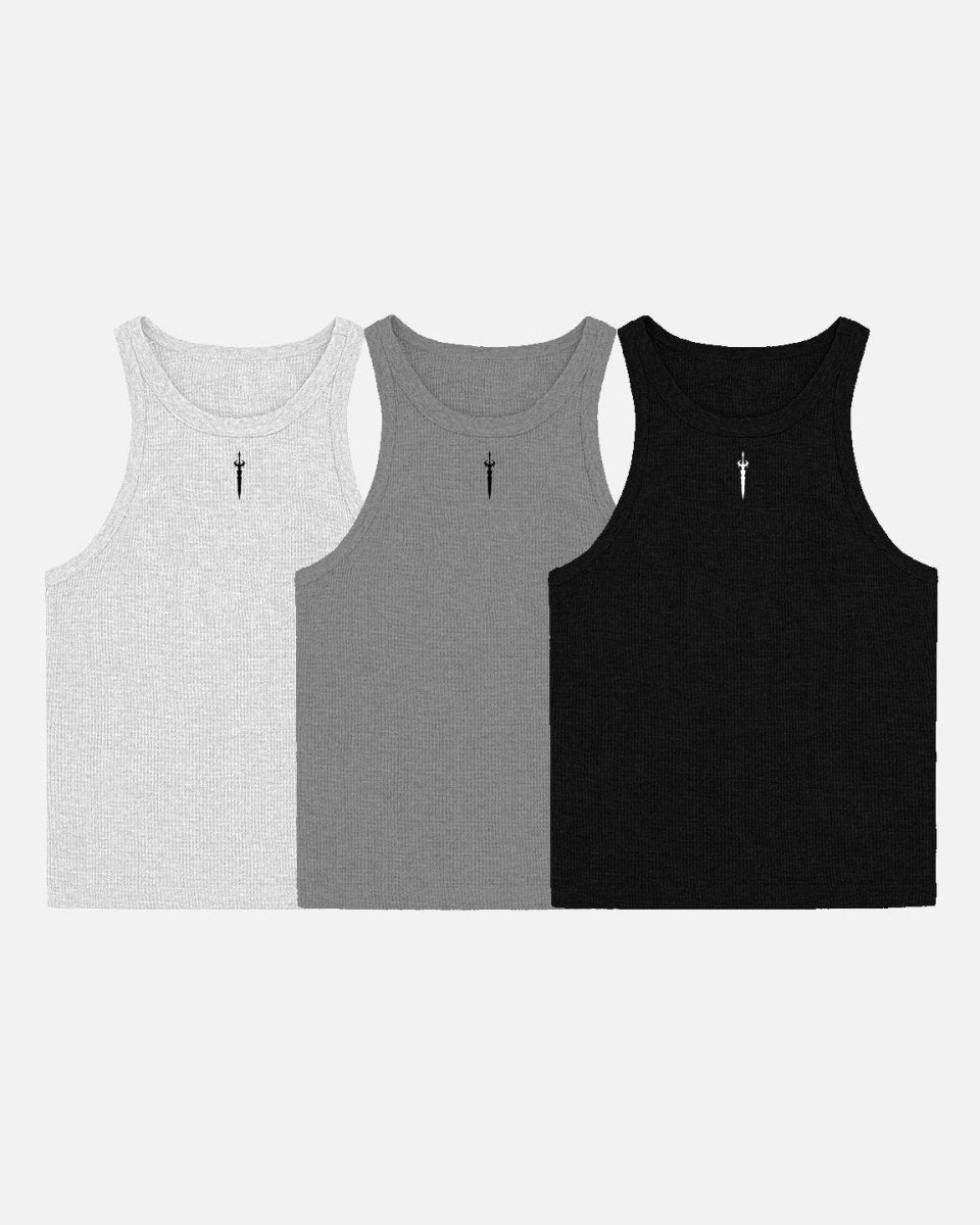 Three tank tops in white, gray, and black on a white background