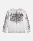 Long-sleeve shirt with graphic design and text on a white background
