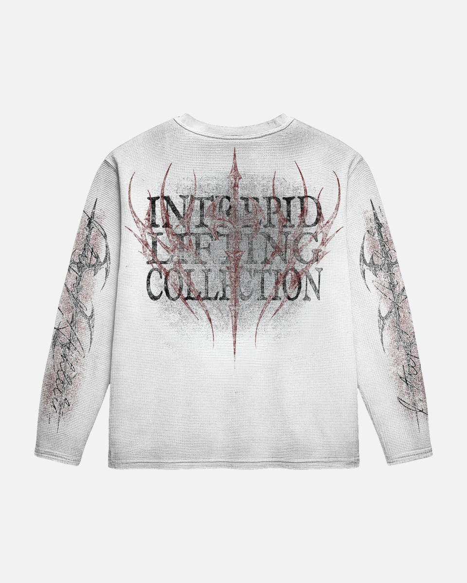 Long-sleeve shirt with graphic design and text on a white background