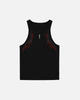Black tank top with red designs on a light gray background