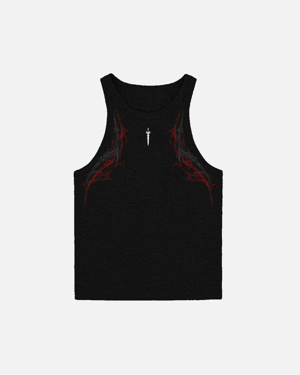 Black tank top with red designs on a light gray background