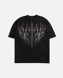 Black t-shirt with a white and red design on a white background