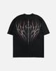 Black t-shirt with a white and red design on a white background
