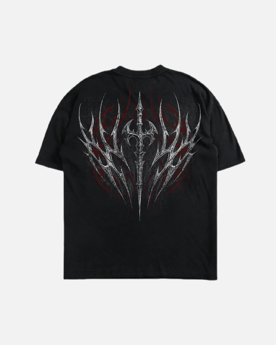 Black t-shirt with a white and red design on a white background