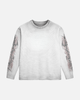 Gray long-sleeve shirt with abstract designs on sleeves against a white background