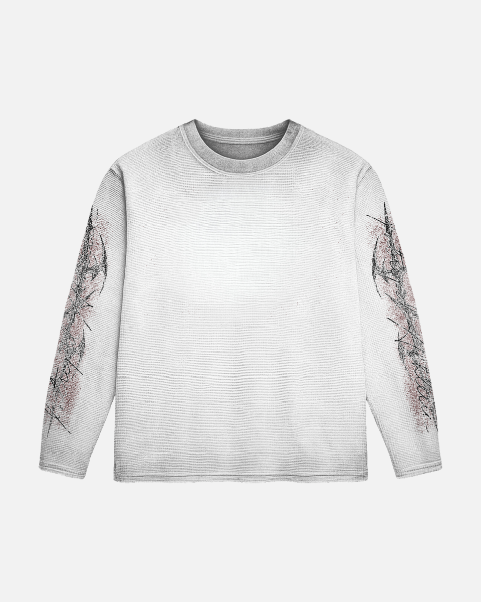 Gray long-sleeve shirt with abstract designs on sleeves against a white background