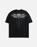 Black oversized t-shirt with a silk screen printed graphic in white.
