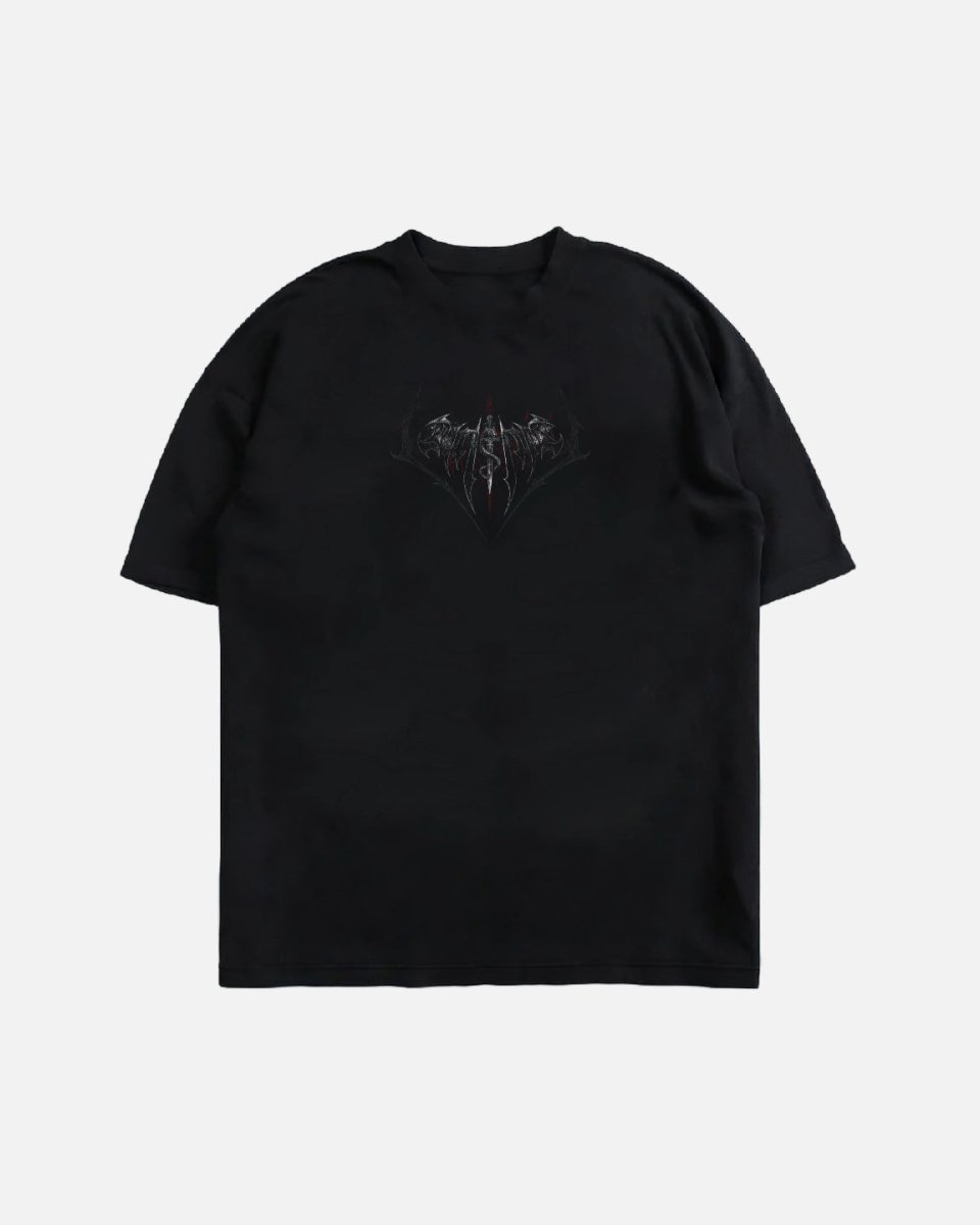 Black t-shirt with a logo on a light gray background