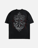 Black t-shirt with a white graphic design on a light gray background