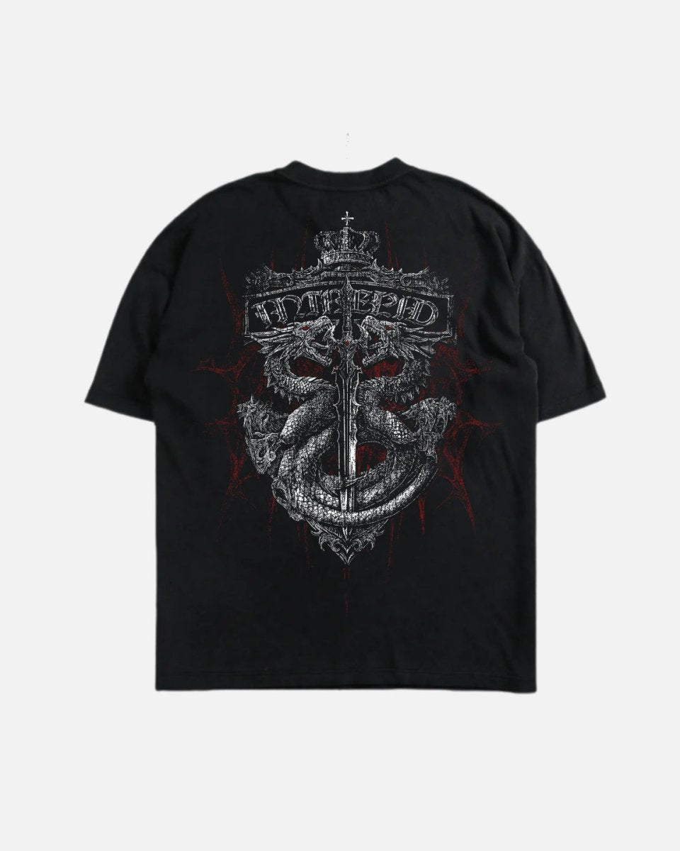 Black t-shirt with a white graphic design on a light gray background