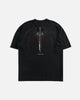 Black t-shirt with a graphic design on a white background