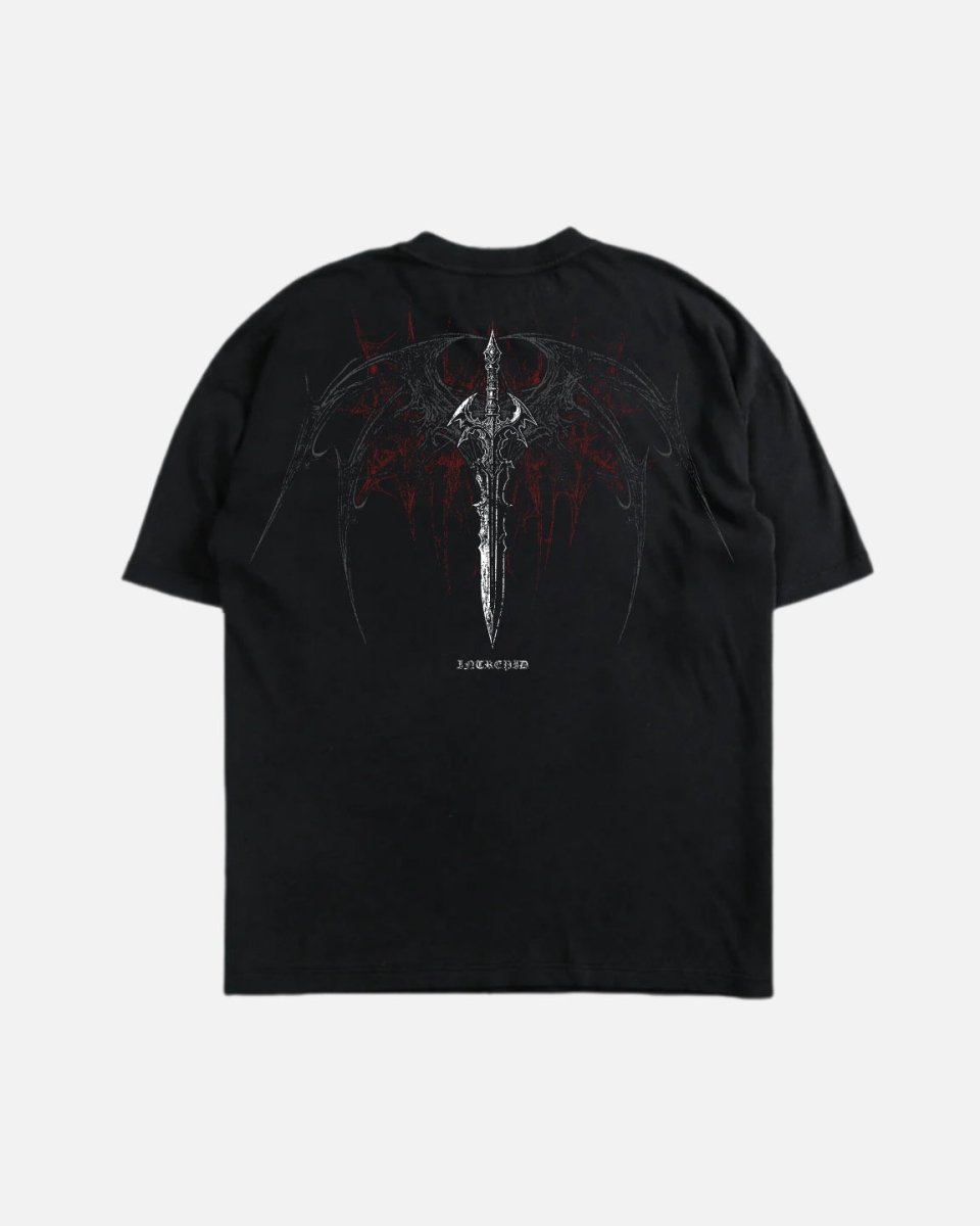 Black t-shirt with a graphic design on a white background