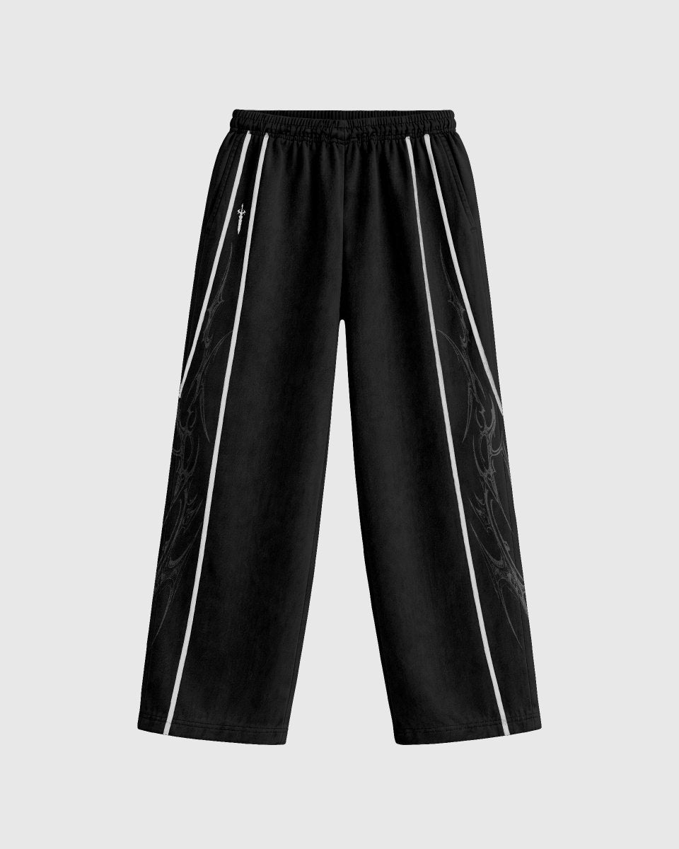 Black pants with white stripes on a light gray background