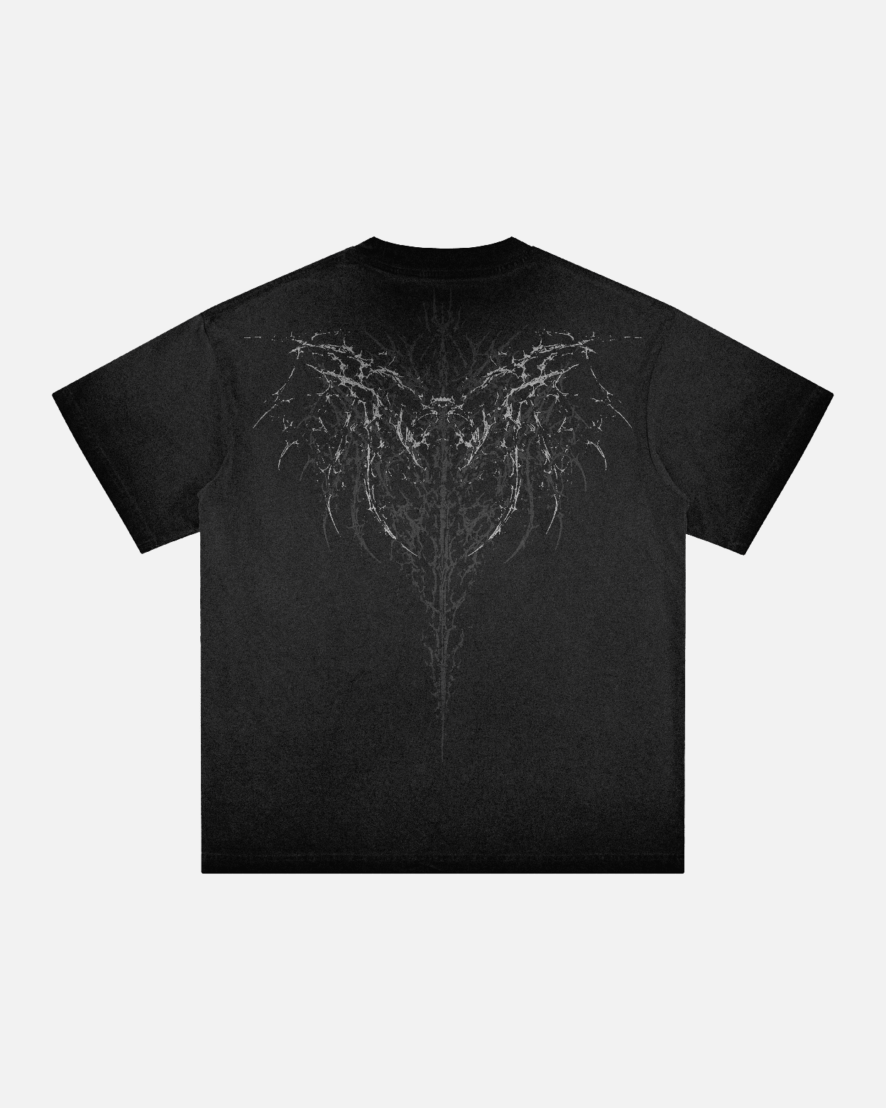 Black t-shirt with a white tree design on the back against a light gray background