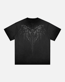 Black t-shirt with a white tree design on the back against a light gray background