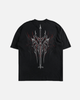 Black t-shirt with a silver and red graphic design on a white background