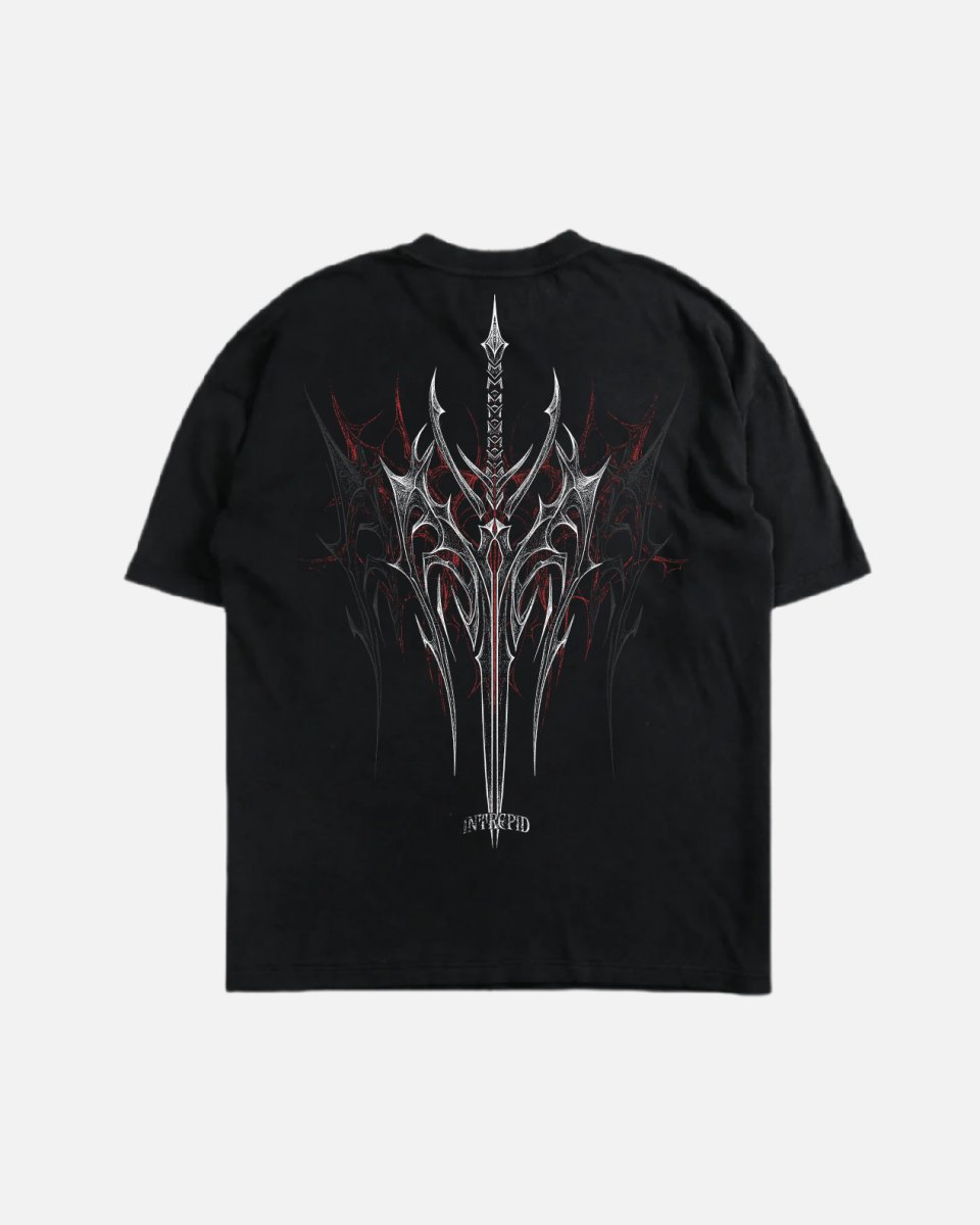 Black t-shirt with a silver and red graphic design on a white background