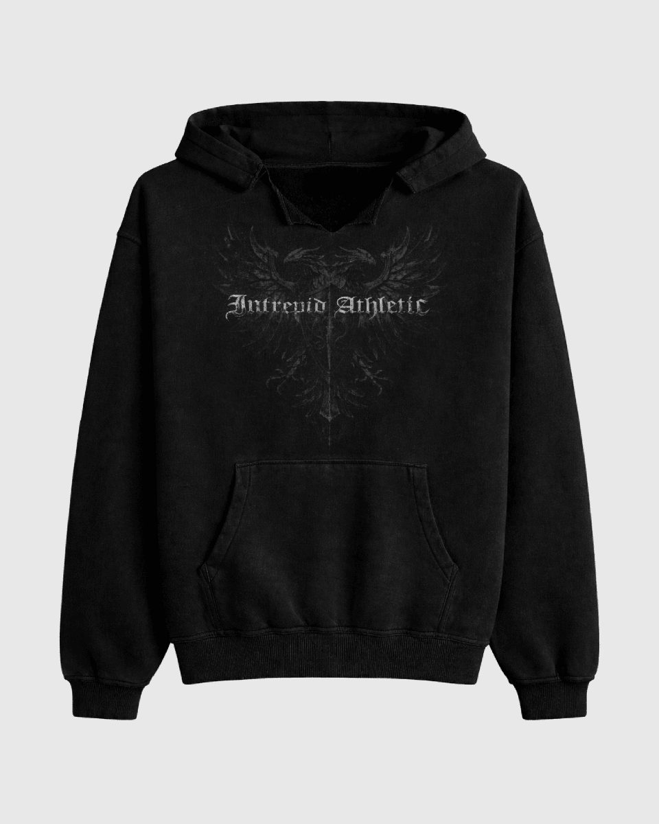 Black hoodie with a logo and text on a light gray background